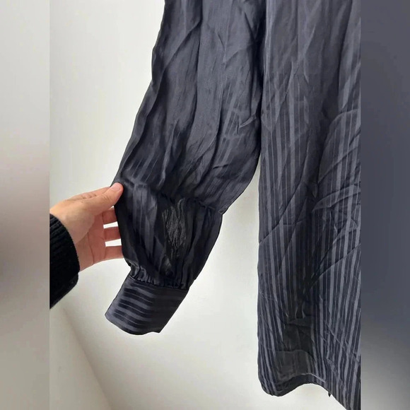 Aritzia Wilfred Silk Striped Mini Dress Navy Blue Tie Waist Long Sleeve Size L - Picture 5 of 15